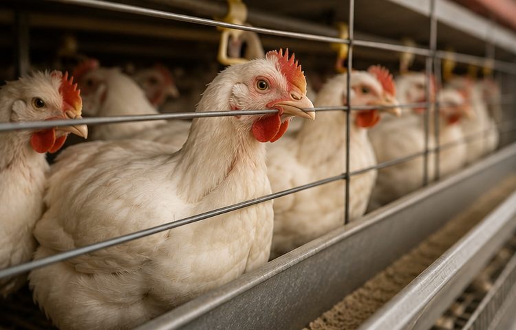 White chickens at the feeder in a clean poultry house